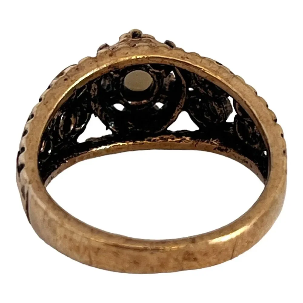 Vintage 1980s Pearl Filigree Ring Antiqued Gold Tone Scroll Design - 5Z